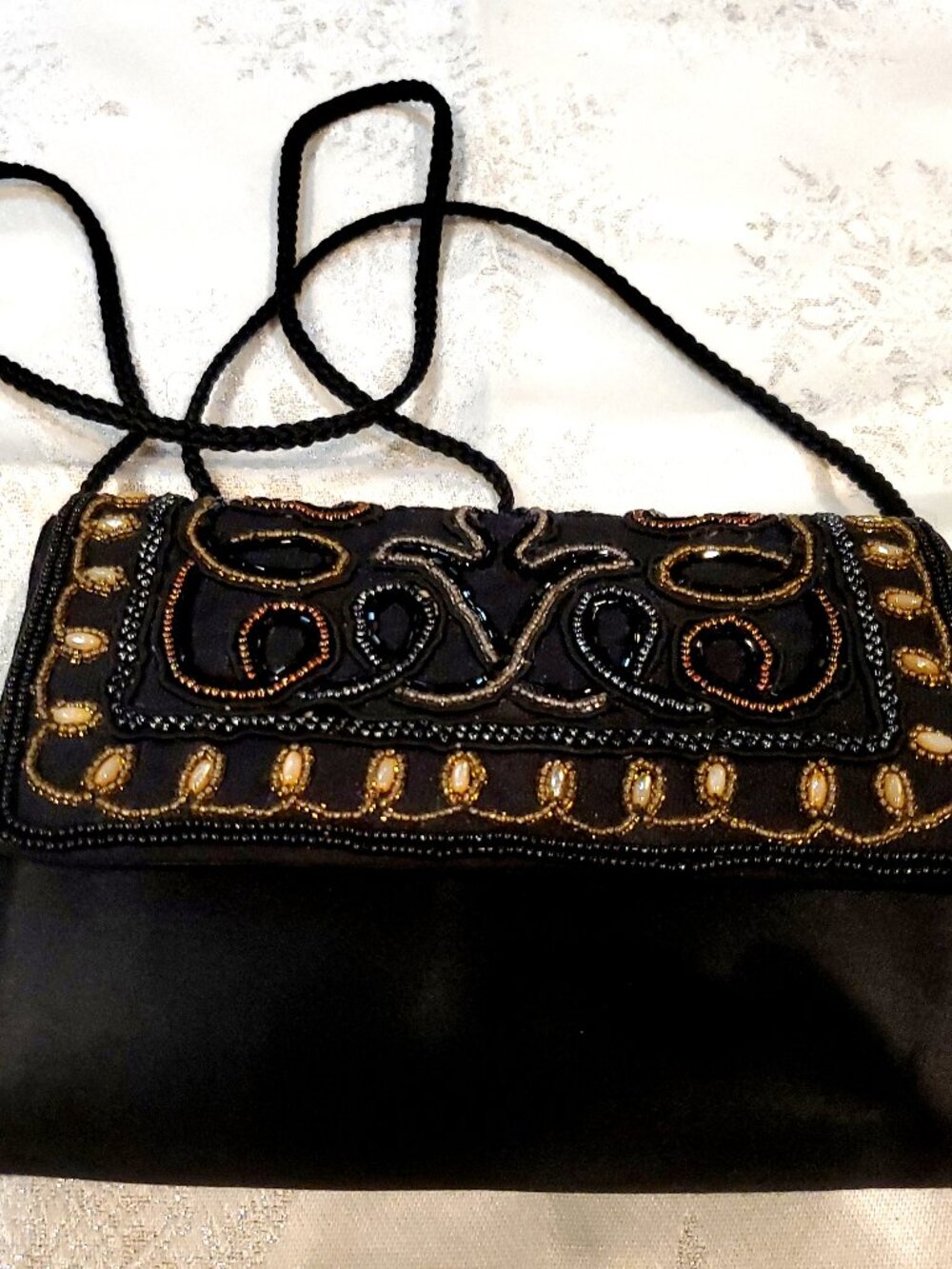 Vintage Black Satin Dressy Purse with Hand Beaded Black, Tan Gold Embellishments